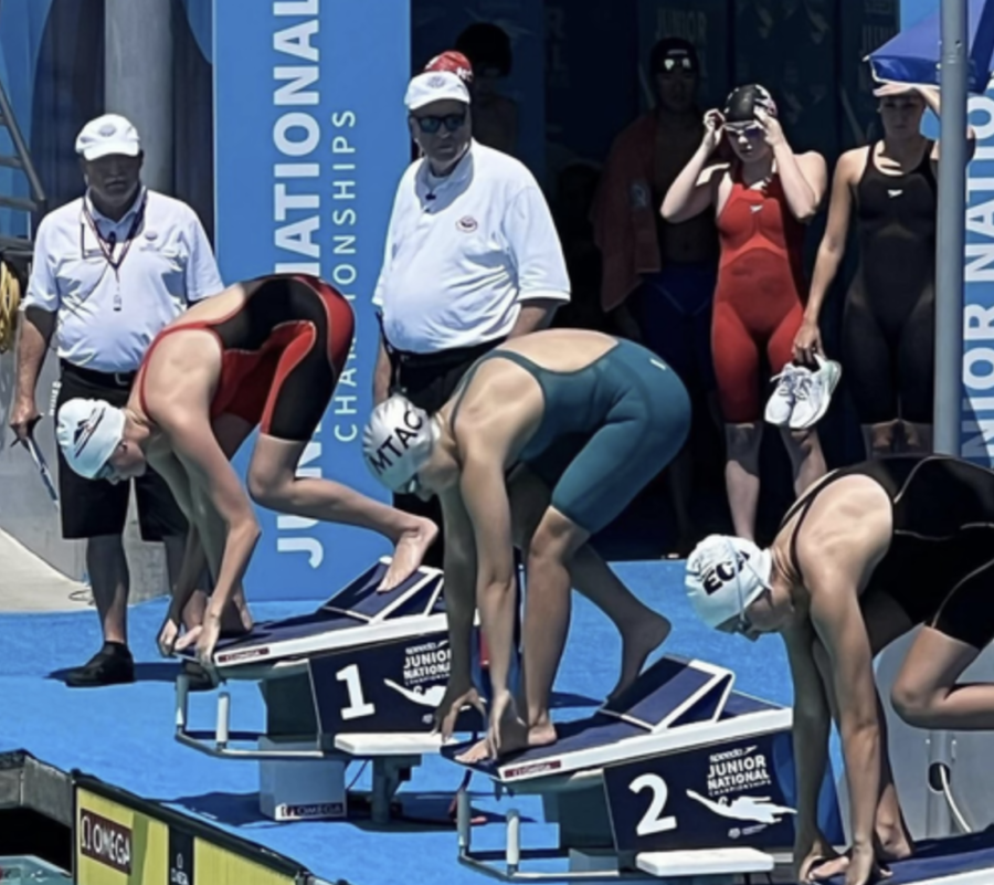 Grace Ciaramitaro (center, 12) prepares for her race on the diving block at the 2022 Junior National Championships. Ciaramitaro and all female athletes have benefited from the implementation of Title IX.