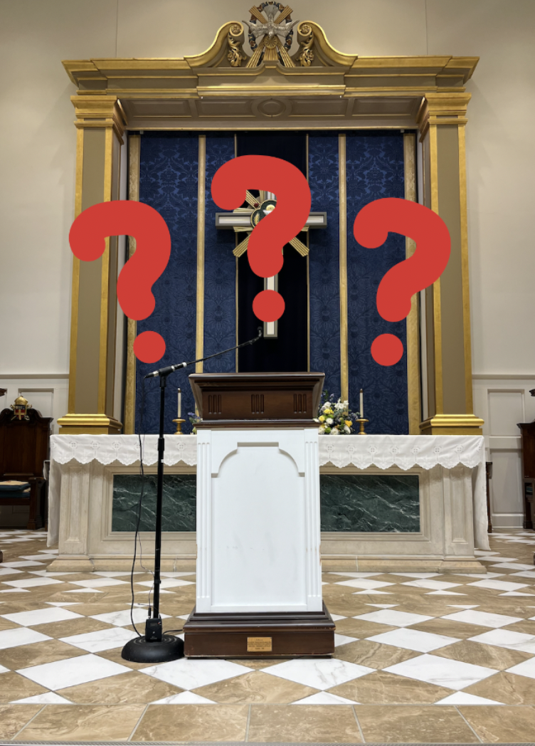 An empty chapel podium and the overhanging question of who will be the next head chaplain. 