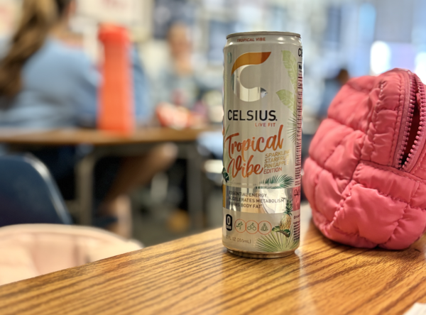 A half empty Celsius Energy drink sits on a desk in Ms. Bielskis's classroom. 