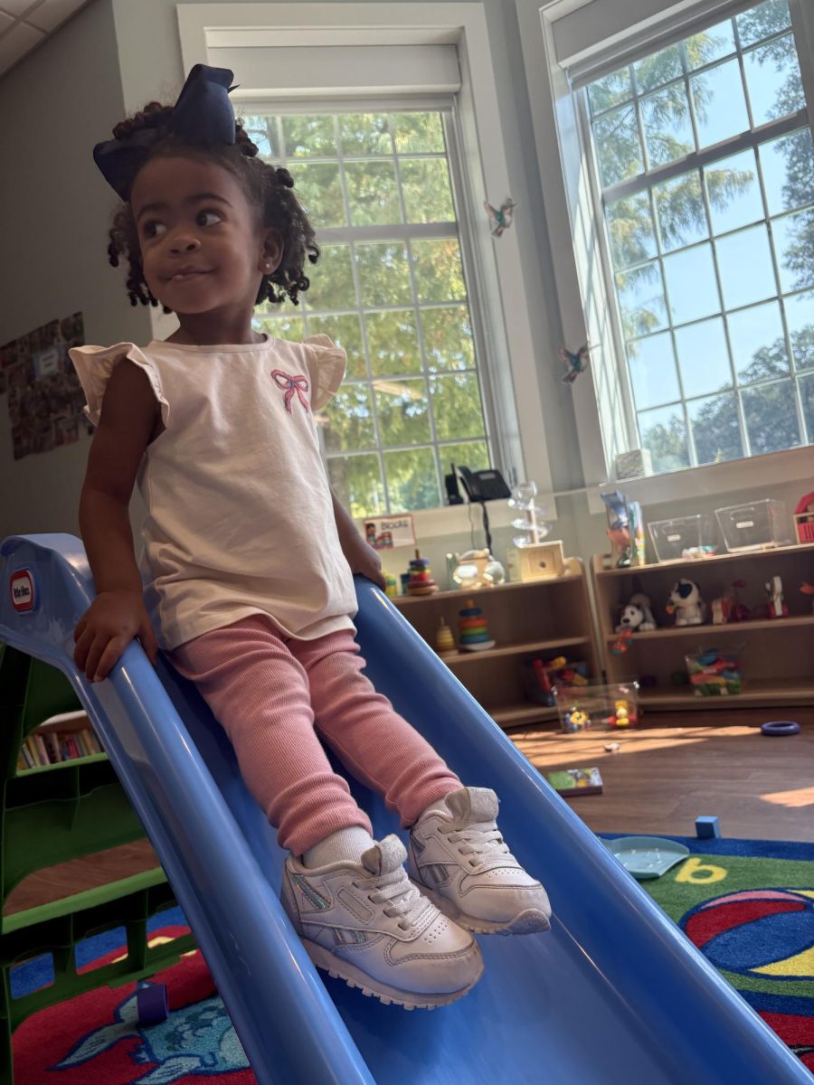 [Name] enjoys playing on the slide at the Nest. The Nest is the newest addition to St. Mary's.